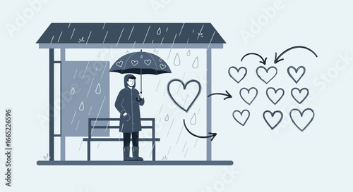 A Rainy Day Love Story: Man Sheltering at Bus Stop with Heart Connections