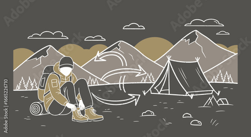 A serene illustration depicting a hiker resting at his campsite near majestic mountains