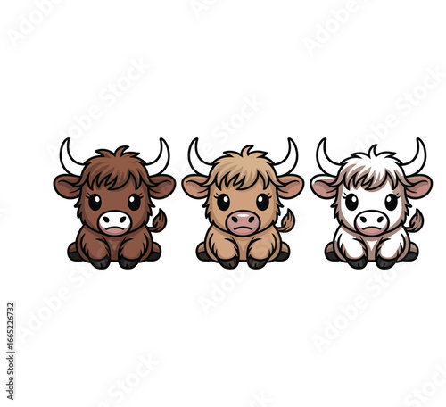 Digital illustration of three cute cartoon Highland cow calves in chibi style with distinct hairstyles against white background