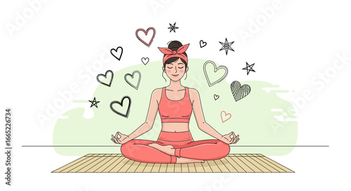 A serene woman meditating in lotus position surrounded by hearts and stars illustration