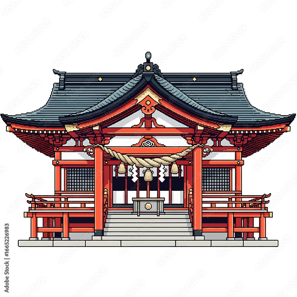 Fototapeta premium Illustration of a traditional Japanese Shinto shrine with red and white accents, featuring a tiered roof and steps.