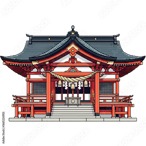 Illustration of a traditional Japanese Shinto shrine with red and white accents, featuring a tiered roof and steps.