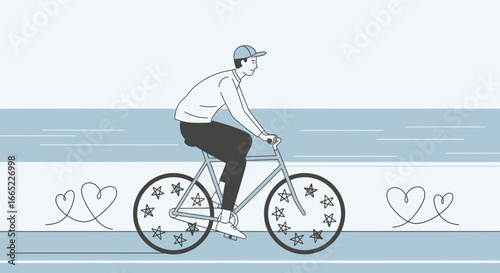A stylized illustration of a man riding a bicycle with star-studded wheels expressing freedom and