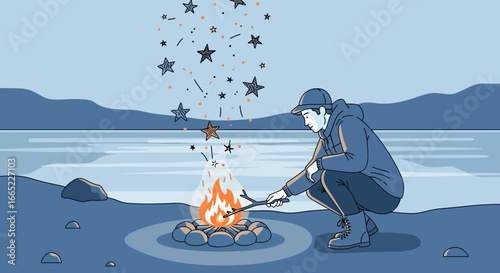 A tranquil evening by the lake: A person tending to a campfire under a starry sky