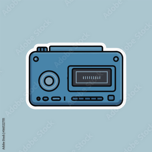 A blue retro camera sticker with black details and a white outline, perfect for adding a vintage touch to any design project or personal collection