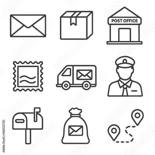 Postal service icons in linear style: mail, package, delivery, and more