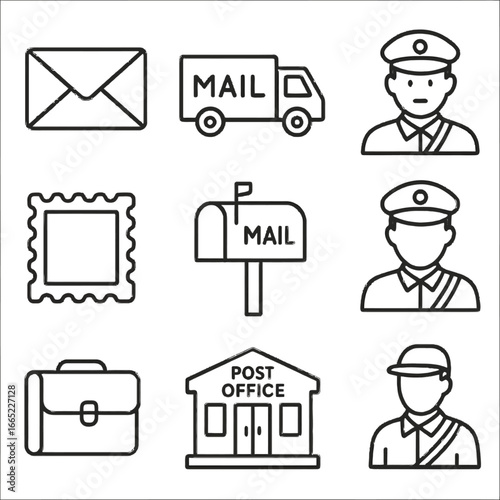 Postal service icon set featuring mail, delivery, and post office symbols