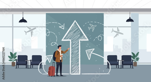 A traveler at the airport following the route to his destination is illustrated with an upward