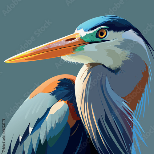 Colorful depiction of a great blue heron showcasing vibrant feathers against a simple background Generative AI