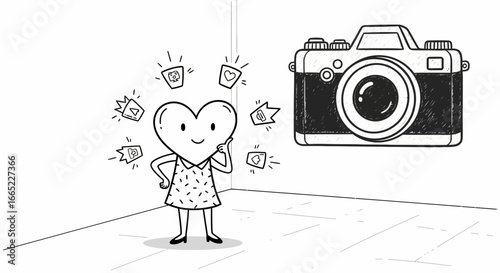 A whimsical illustration depicting a heart shaped character considering social media icons and