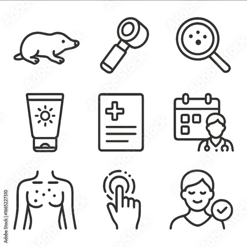 Dermatology and healthcare icons set in linear style for medical applications