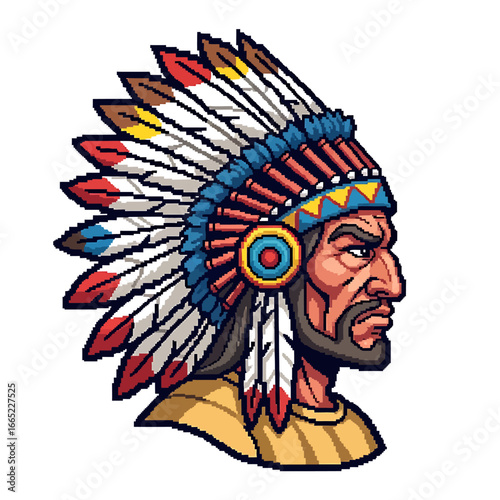 Profile view of a stylized Native American man wearing a colorful headdress.
