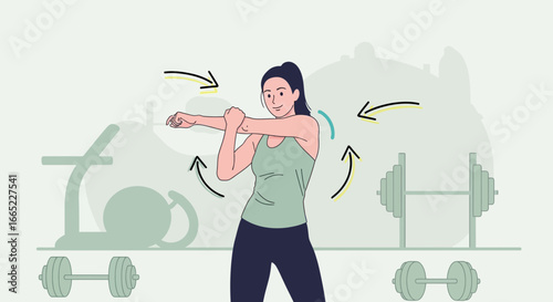 A woman stretches her arms in a gym setting for health and wellness promotion illustration