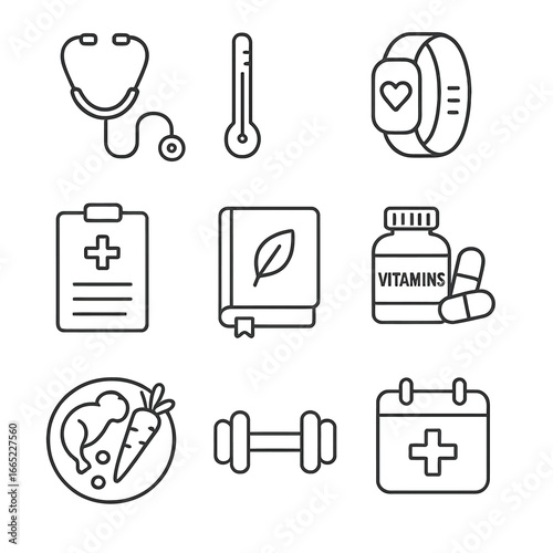 Healthcare and wellness linear icons set: fitness, nutrition, medical essentials