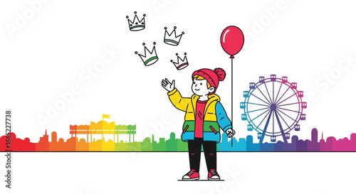A young boy with crowns and a balloon at a rainbow amusement park illustration