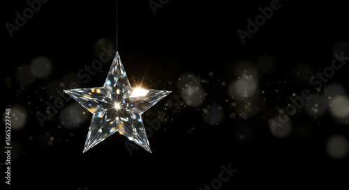 Sparkling diamond star ornament with soft bokeh lights on a black background for luxury designs