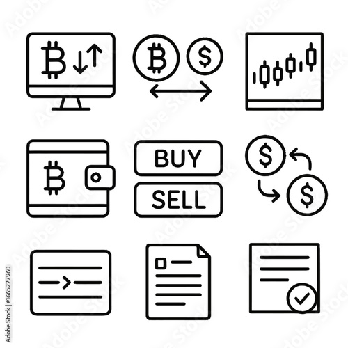Cryptocurrency finance icons set featuring bitcoin and trading symbols in linear style