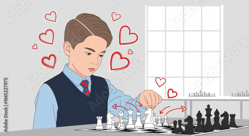 A young schoolboy in love plays chess with passion and a twinkle in his eye