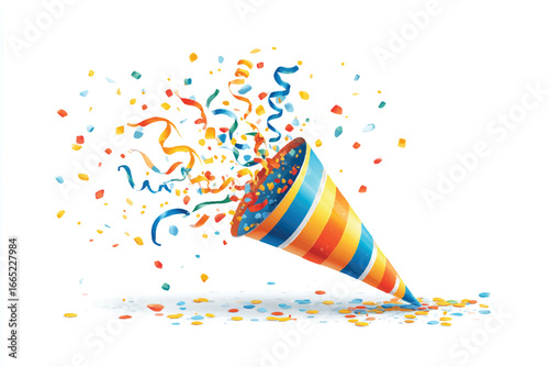 Festive party popper exploding with colorful confetti and ribbons celebrating a birthday anniversary or special occasion on a white background