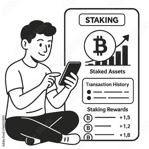 Young man tracking bitcoin investments on mobile app with staking summary chart