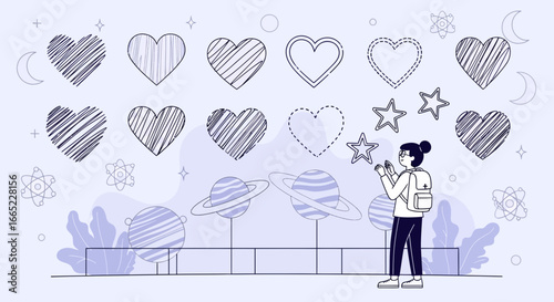 Abstract illustration featuring hearts, stars, planets, and a person with backpack, conveying a