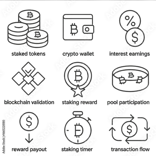Linear icons for cryptocurrency: wallets, staking, transactions, and blockchain concepts
