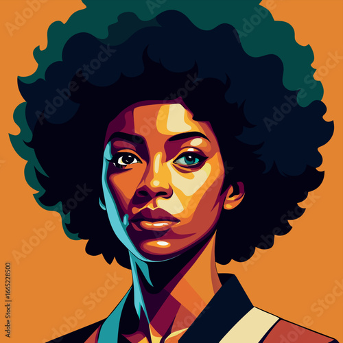 Colorful digital portrait of a woman with afro hairstyle against a vibrant orange background Generative AI