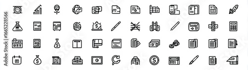 Financial and business icon set with diverse elements depicting money management investment banking and accounting concepts in outline style