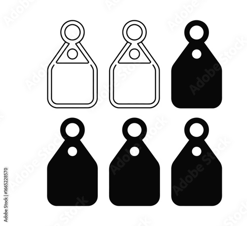 Set of six black and white cattle ear tag illustrations in line art and silhouette styles arranged in two-row grid on white background