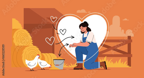 An illustrated farm scene featuring a woman feeding chickens with love and care