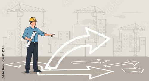 Architect navigating construction challenges with innovative arrow-guided strategies