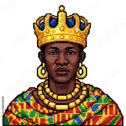 Pixel art portrait of a dark-skinned person wearing a golden crown, earrings, and necklace, adorned with colorful patterned clothing.