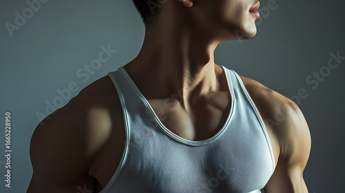 Close up of muscular man wearing white tank top, showing defined shoulder and arm muscles, with dramatic lighting highlighting muscle contours and shadows, creating strong and athletic impression