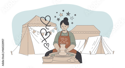 Artisan creating pottery outdoors at a charming craft fair or market setting atmosphere