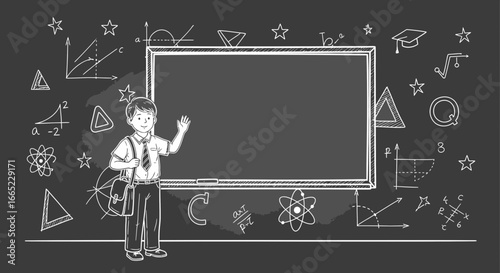 Back to school illustration of student in classroom with doodles and blackboard