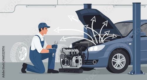 Auto mechanic repairing car engine in garage with diagnostic arrows concept