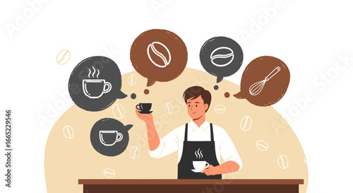Barista preparing coffee drink with coffee icons, in coffee shop concept