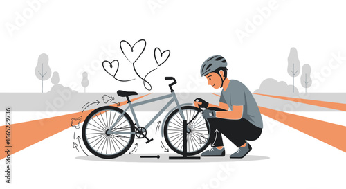 Bicycle repair scene featuring a cyclist fixing a flat tire on a country road illustration