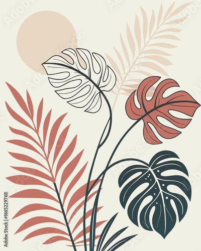 Abstract tropical botanical illustration with sun and leaves