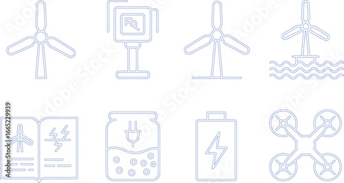 Blue Outline Icons of Wind Turbine, Battery, Plug, Drone on Transparent Background