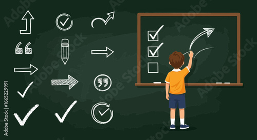 Boy drawing business plan on blackboard with checkmarks and arrows demonstrating positive growth