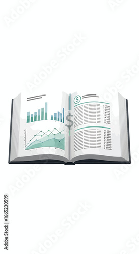 An open book filled with financial data, charts, and graphs with a dollar symbol, illustrating concepts of business accounting, economics, and investment analysis