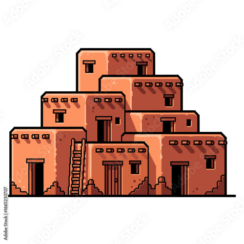 Illustration of a stacked adobe dwelling with multiple levels, featuring doors and windows.