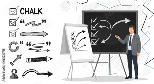 Business presentation of strategic planning with chalk drawings on blackboard and flipchart