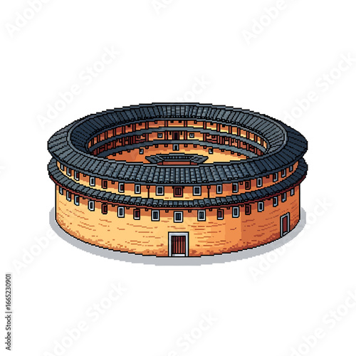 A pixelated illustration of a traditional circular Chinese earthen building, showcasing its architecture.