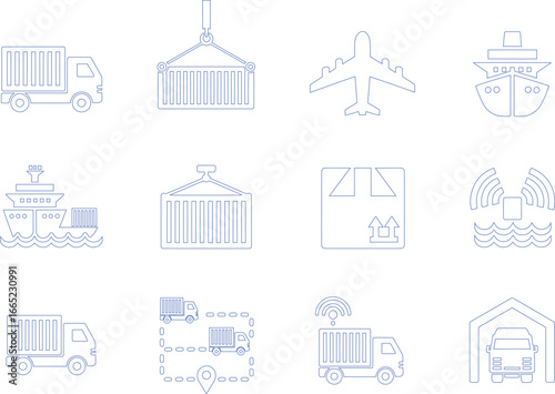 Blue Outline Logistics Icons Truck, Container, Plane, Ship, Box on White