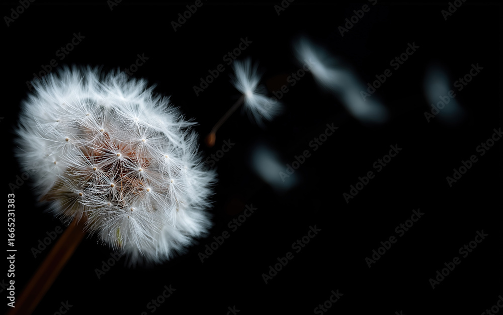 Fototapeta premium Delicate dandelion seeds floating gracefully through air against dark dramatic background.