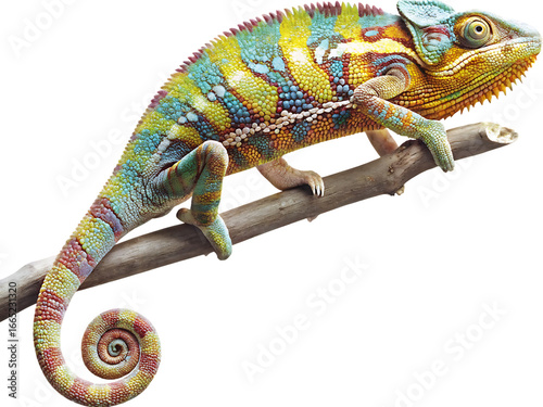 Colorful chameleon perched on branch isolated on a transparent background