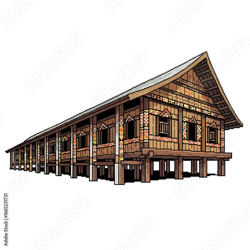 A detailed illustration of a traditional stilt house with intricate wooden carvings and a long, extended structure.