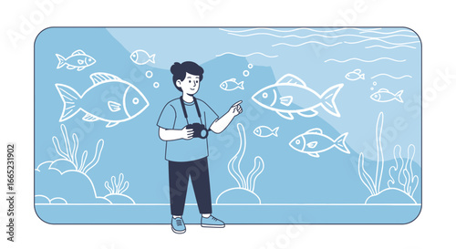 Captivating aquarium visit depicted in a modern line art illustration style